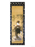A Full Length Portrait of a Woman Tuning Her Shamisen on a Veranda Giclée-Druck von Toyokuni 