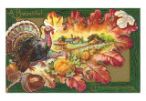 A Bountiful Thanksgiving, Turkey, Pumpkin, Autumn Leaves, Art Print