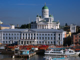 Boats on Waterfront and Lutheran Church in Distance, Helsinki, Finland Photographic Print by Wayne Walton