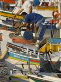 Close up of Row of Fishing Boats in Harbour with Two Men on Board, Sitia, Crete, Greece Photographic Print by Eitan Simanor