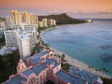 Waikiki Beach with Royal Hawaiian Hotel and Diamond Head at Sunset, Oahu, Hawaii Photographic Print by John Elk III