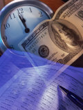 Spreadsheet, Clock, and 100 Dollar Bill Photographic Print by Eric Kamp