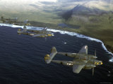 Excellent of a Squadron of American P-38 Fighters in Flight over an Aleutian Island Photographic Print by Dmitri Kessel