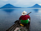Man on Canoe in Lake Atitlan, Volcanoes of Toliman and San Pedro Pana Behind, Guatemala Photographic Print by Keren Su