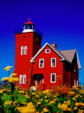Bright Red Two Harbors Lighthouse with Flowers in Foreground, Lake Superior, Two Harbours, USA Photographic Print by Richard Cummins