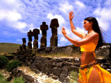 Woman in Costume at Ahu Tongarriki, Tapati Festival, Rapa Nui, Easter Island, Chile Photographic Print by Bill Bachmann