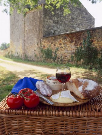 Picnic Lunch of Bread, Cheese, Tomatoes and Red Wine on a Hamper in the Dordogne, France Photographic Print