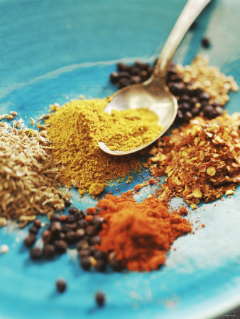 Spices: Turmeric, Paprika, Allspice, Coriander, Chili Photographic Print