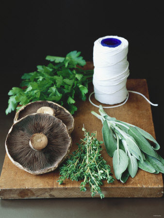 Mushrooms, Fresh Herbs & Kitchen String on Chopping Board Photographic Print