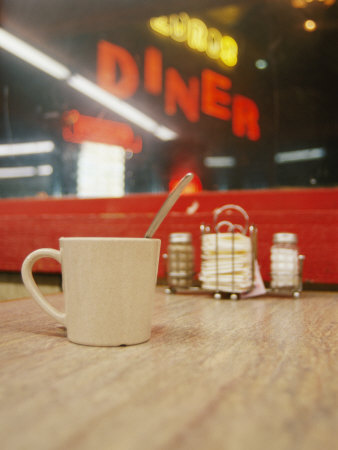 A Coffee Cup and a Diner Sign Spell Late Night Just off Route 95 Photographic Print