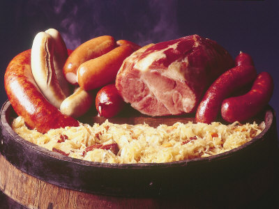 Choucroute Garni Meal of Sauerkraut: Kielbasa, Veal Sausage, Knackwurst, Pork Butt and Bratwurst Photographic Print