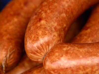 Close-Up of Sausages Linked Together Photographic Print