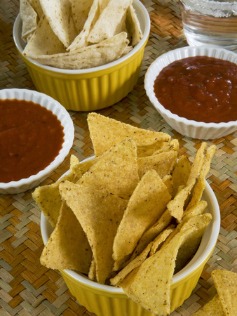 Nachos (Totopos) (Tortilla Chips) with Chili Sauce, Mexican Food, Mexico, North America Photographic Print