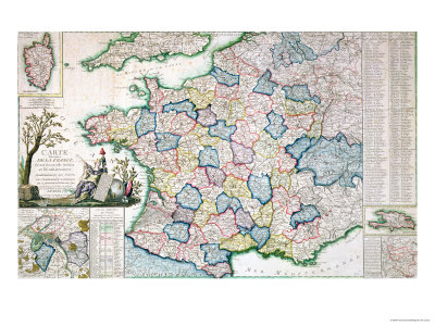 departments of france map. Road Map of France Following the New Divisions into 83 Departments Giclee Print