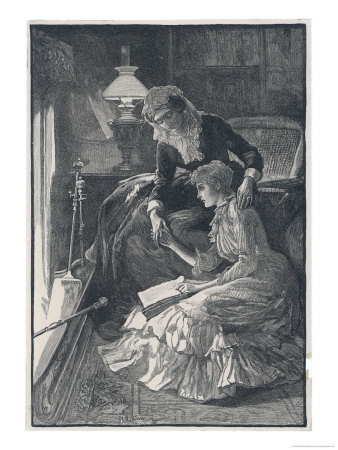 Young Woman Reads Aloud by the Fire While an Older Woman Listens Attentively Lámina giclée