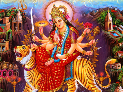 durga. Image of Durga on Her Tiger,