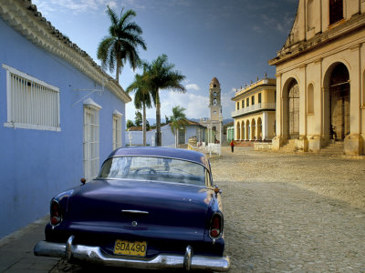 View Across Plaza Mayor with Old American Car Parked on Cobbles Trinidad 