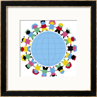 Children Holding Hands Around Globe Framed Giclee Print