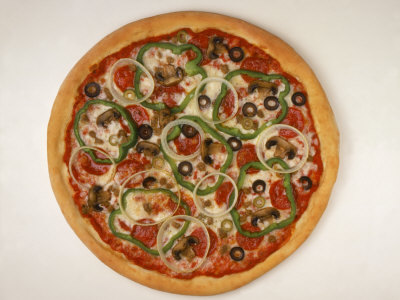 Pizza with Onions, Olives, Peppers and Pepperoni Photographic Print by Leslie Harris