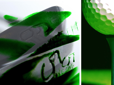 Close-up of Golf Club Irons and Golf Ball on Tee Photographic Print