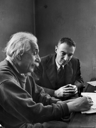 Physicist J. Robert Oppenheimer Discusses Theory of Matter with Famed Physicist Dr. Albert Einstein Premium Photographic Print by Alfred Eisenstaedt