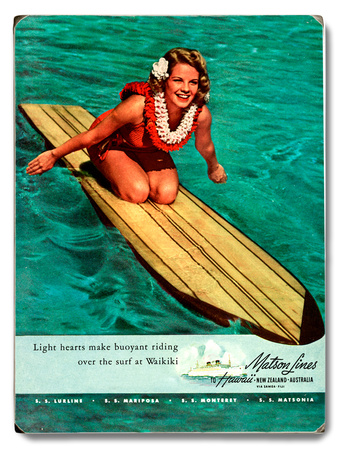 Surfer Girl - Buoyant Riding Waikiki Wood Sign