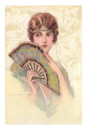 Woman Portrait with Fan Premium Poster