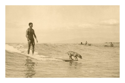 Man Surfing with Dog Premium Poster