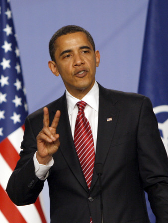 US President Barack Obama Speaking at a Media Conference at the NATO Summit in Strasbourg, France Photographic Print