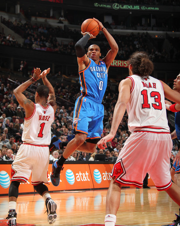 Oklahoma City Thunder v Chicago Bulls: Russell Westbrook, Derrick Rose and Joakim Noah Photo by Joe Murphy