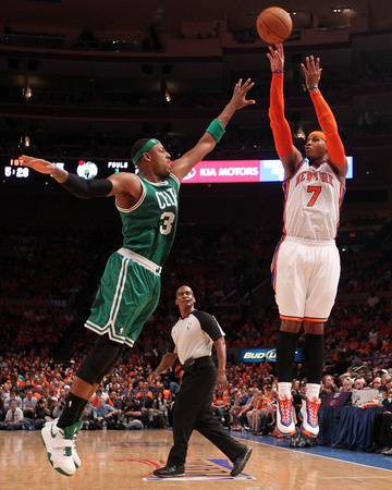 Boston Celtics v New York Knicks - Game Four, New York, NY - April 24: Carmelo Anthony and Paul Pie Photo