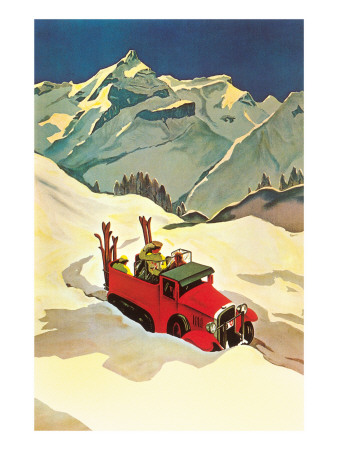 Truck in Snow with Skiers Posters