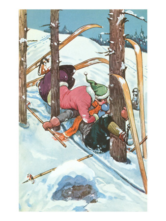 Couple Kissing While Crashing on Skis Posters