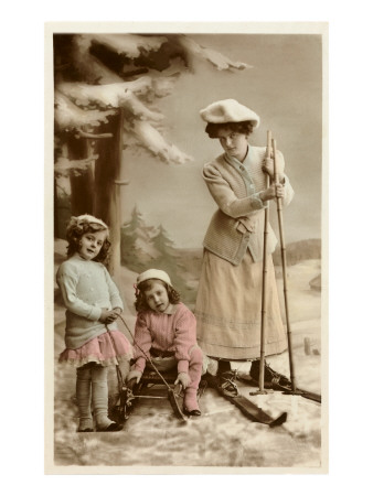 Woman on Skis, Girls on Sled Print