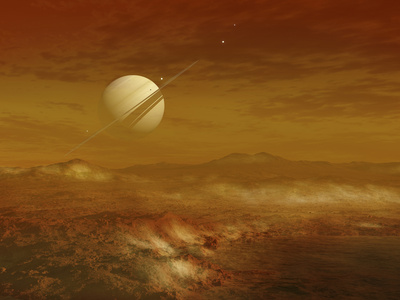 Saturn Above the Thick Atmosphere of its Moon Titan Photographic Print by  Stocktrek Images