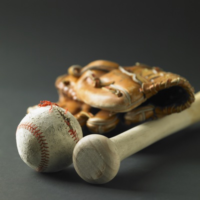 Baseball glove, a bat, and a ball Photographic Print