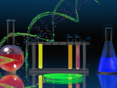 Illustration of the DNA Molecule and Laboratory Glassware Photographic Print by Carol & Mike Werner