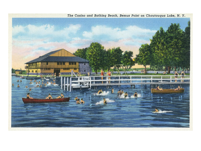 Chautauqua Lake, New York - Bemus Point, View of Casino and Beach Prints by  Lantern Press