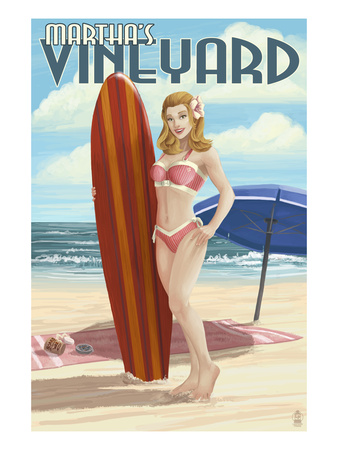 Martha's Vineyard, Massachusetts - Pinup Girl Surfer Prints by  Lantern Press