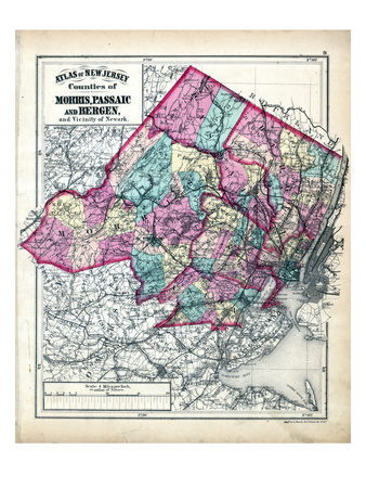 1873, Morris, Passaic and Bergen Counties Map, New Jersey, United States Giclee Print