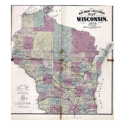 1874, Wisconsin Railroad and Sectional Map, Wisconsin, United States Giclee Print!