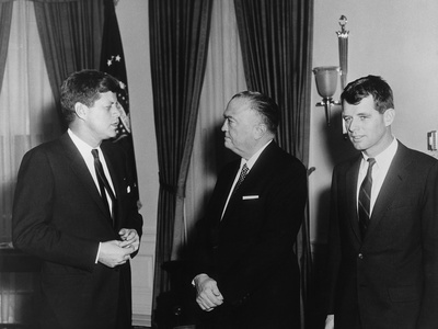 President Kennedy, J. Edgar Hoover, and Robert Kennedy, in White House, Feb. 23, 1961 Photo