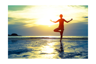 Woman Practicing Yoga On The Beach At Sunset Posters by De Visu