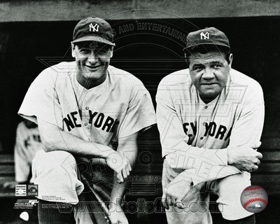 New York Yankees Lou Gehrig 4 and Babe Ruth 3 posed on the dugout steps circa 1932. Photo