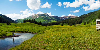 Man Camping Along Slate River, Crested Butte, Gunnison County, Colorado, USA Photographic Print