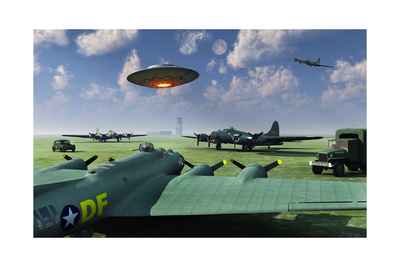 An Alien Ufo Flying Low over an American Airbase Posters