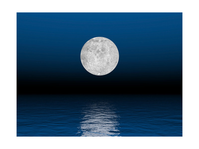 Beautiful Full Moon Against a Deep Blue Sky over the Ocean Print