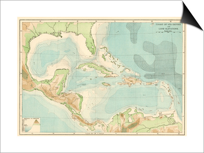 Chart of the West Indies Sea Depths and Land Elevations Print