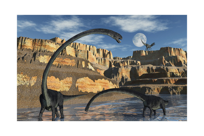 Omeisaurus Dinosaurs Being Stalked by a Carnivorous Predator Prints