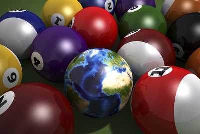 Pool Table with Balls and One of Them as Planet Earth Posters